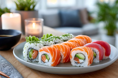 Freshly prepared sushi rolls, featuring salmon, tuna, and avocado, are served on a plate, creating a visually appealing culinary experienceの素材