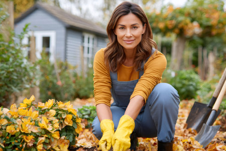 Woman gardening and planting flowers in autumn garden at backyardの素材