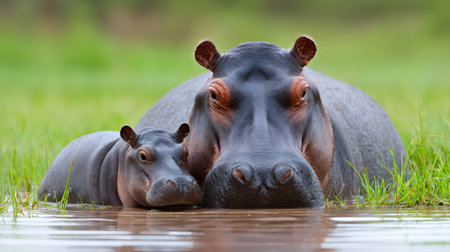 Mother hippo and her calf relax in a calm water settingの素材