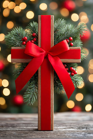 Wooden cross with red ribbon and pine branches celebrating Christmas spirit on a blurred backgroundの素材