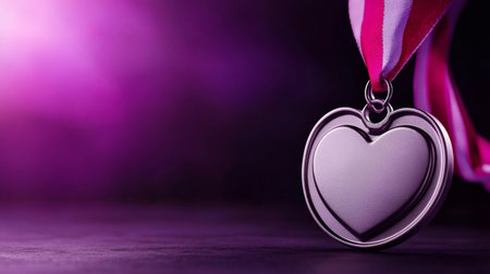 Silver heart shaped medal hanging from a pink and white ribbon represents love, charity, or recognition with purple backgroundの素材