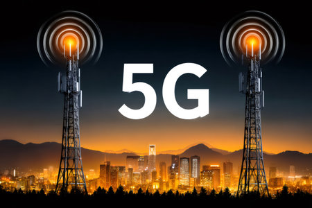 Two 5g cell towers emitting signals, providing high speed wireless communication to a cityscape at sunsetの素材