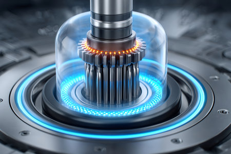 Futuristic reactor core generating energy, encased in glass dome, with glowing blue and orange lights, showcasing advanced technologyの素材