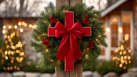 Christmas wreath with red cross and bow, hanging on a wooden post, with blurred lights and house in the backgroundの素材