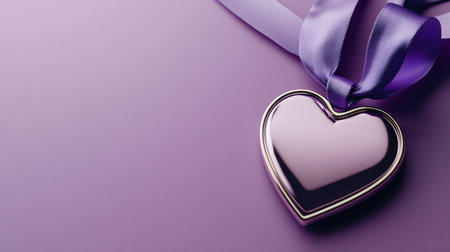Purple heart shaped pendant hanging from a satin ribbon, representing love, affection, and romance, on a matching backgroundの素材
