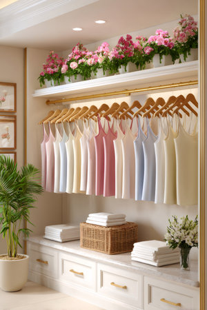 Pastel colored camisoles hanging on wooden hangers in a fashion boutique, creating a visually appealing displayの素材