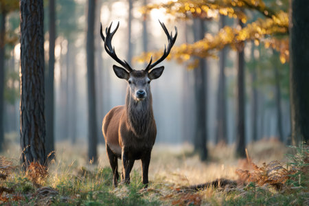 Red deer stag with large antlers standing in an autumn forest at sunriseの素材