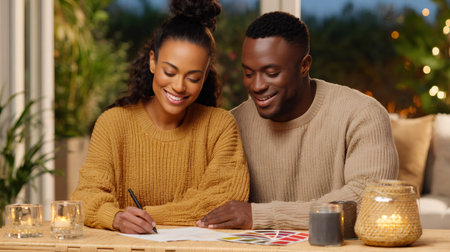 Happy homeowners signing a contract for home renovation, choosing paint from color paletteの素材