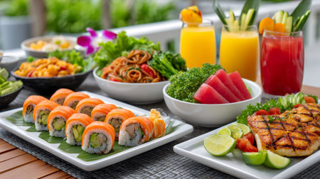 Variety of healthy and tasty dishes served on a table, including sushi, grilled fish, salads, and refreshing drinksの素材