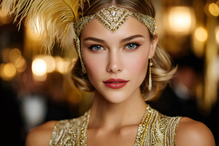 Portrait of attractive twenties flapper girl with golden feathers headband and beaded dressの素材