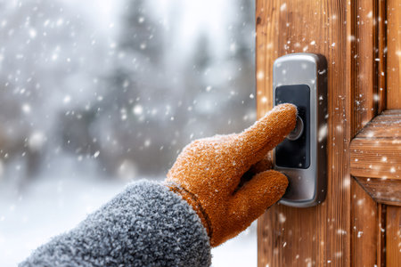 Gloved hand pressing doorbell during a snowfallの素材