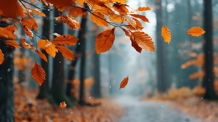 Wet orange leaves falling from tree branches during a rainy autumn day in a misty forestの素材
