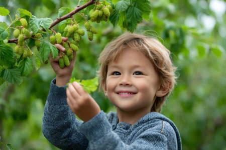 Young boy harvesting fresh mulberries, enjoying a healthy outdoor activity in summerの素材