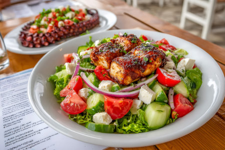 Fresh greek salad with grilled chicken, feta cheese, tomatoes, cucumbers, onions, and lettuce, served on a white plate in a restaurant settingの素材