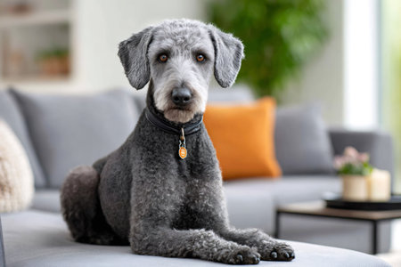 Portrait of a beautiful purebred blue lakeland terrier dog lying down on a gray sofa in a bright modern living roomの素材