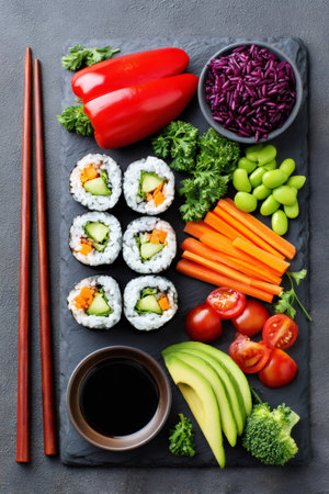 Delicious vegan sushi rolls served with a variety of fresh vegetables, soy sauce, and red rice on a slate trayの素材