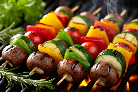 Delicious vegetable skewers grilling on a barbecue, featuring zucchini, bell peppers, mushrooms, and cherry tomatoesの素材