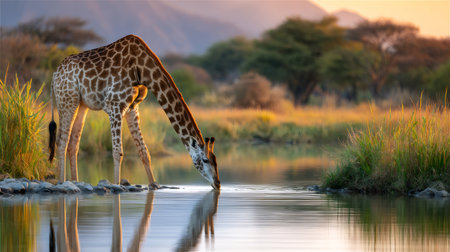 Giraffe gracefully drinks from a tranquil waterhole in vibrant African landscapeの素材