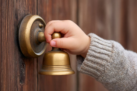 Small hand ringing an antique brass doorbell on a wooden doorの素材