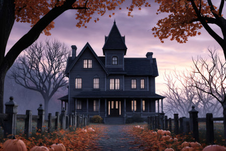 Spooky Victorian haunted house with pumpkins along the entrance path during a foggy autumn eveningの素材