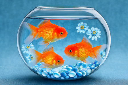 Three goldfish swimming in a round fishbowl with blue flowers and pebbles, creating a tranquil underwater sceneの素材