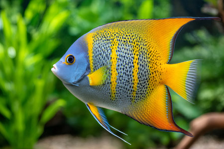 Tropical fish with blue head and yellow body swimming in aquarium with green plantsの素材