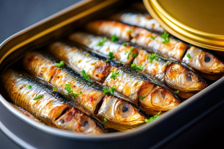 Close up of appetizing grilled sardines seasoned with parsley, served in an open tin can, ready to be enjoyedの素材