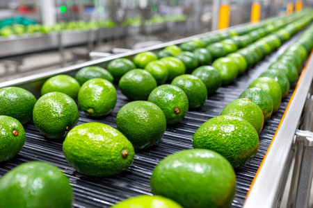 Freshly picked avocados are transported on a conveyor belt inside a food processing plant, ready for packaging and distributionの素材