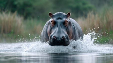 Powerful hippopotamus splashing through water in a natural habitatの素材