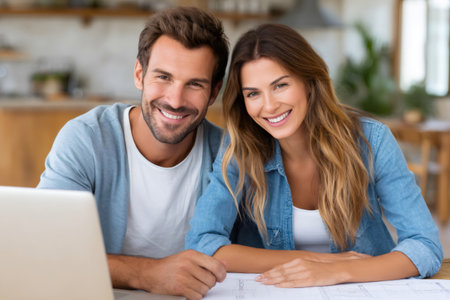 Happy architects working on a blueprint and using a laptop, smilingの素材