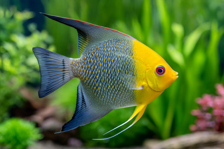 Golden head and speckled gray body of a tropical fish swimming in an aquarium with green plantsの素材