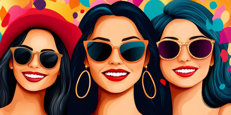 Three smiling fashion models with sunglasses and big earrings posing together on a colorful backgroundの素材