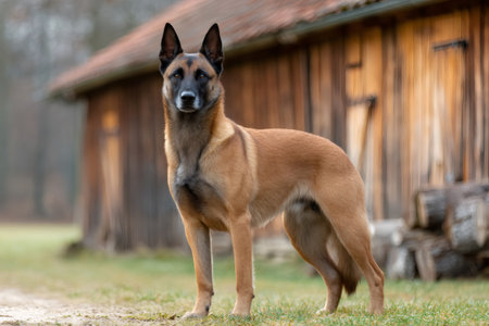 Belgian malinois standing in front of a farm building, showcasing its alertness and protective natureの素材