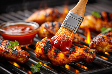 Grilled chicken wings are getting brushed with barbecue sauce on a flaming grillの素材