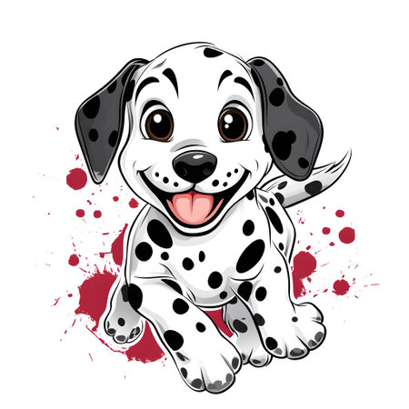 Adorable dalmatian puppy running happily with red splashes in the backgroundの素材