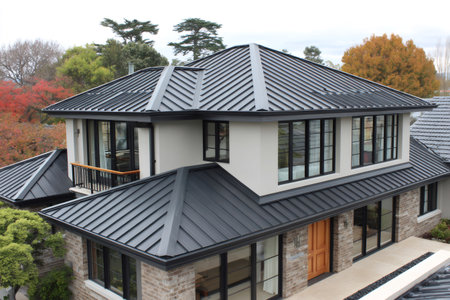 Residential building showcasing a sleek, dark gray standing seam metal roof, enhancing its contemporary designの素材