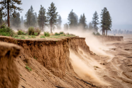 Strong winds blowing sand from eroding cliffs in a desolate area, highlighting the power of nature and environmental fragilityの素材
