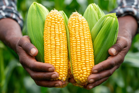 Close up of a farmer proudly displaying ripe corn cobs, showcasing a successful harvest in a vibrant agricultural settingの素材
