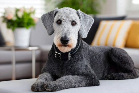 Purebred bedlington terrier dog is lying down and resting on a sofa in a modern living roomの素材