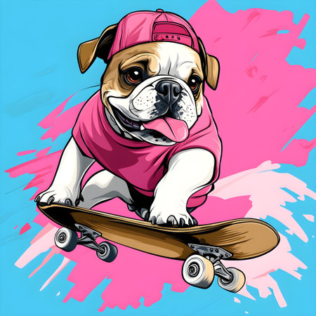 Cool bulldog with pink shirt and cap skateboarding on a colorful background, showing urban style and canine personalityの素材