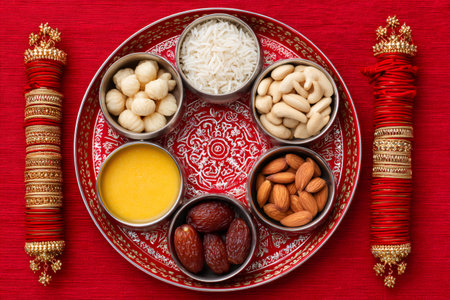 Traditional Hindu wedding rituals showing puja thali with various ingredients and red bangles on a red backgroundの素材