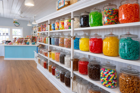 Jars full of colorful candy displaying on white shelves in a candy storeの素材