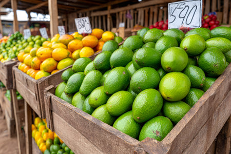Fresh avocados, oranges, and limes are neatly arranged in wooden crates at a bustling market, creating a colorful and inviting display of healthy produceの素材