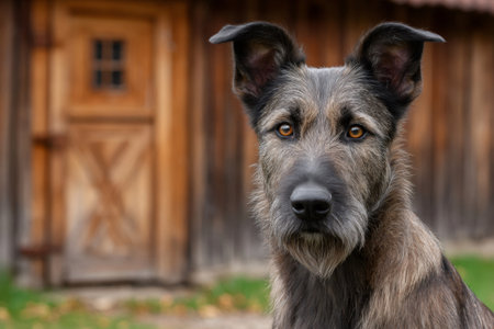 Cute dog with pointed ears and attentive gaze sitting in front of a charming wooden house in the countrysideの素材