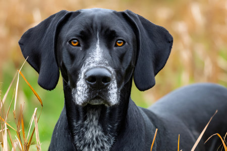 Hunting dog standing among dry grass, looking forward with intense orange eyesの素材
