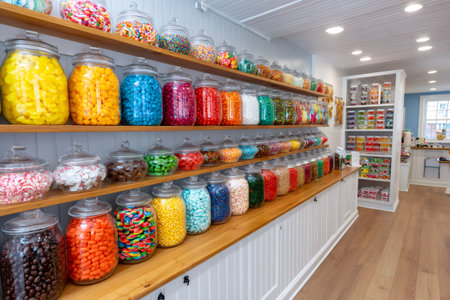 Glass jars full of colorful candy sitting on wooden shelves in a candy storeの素材