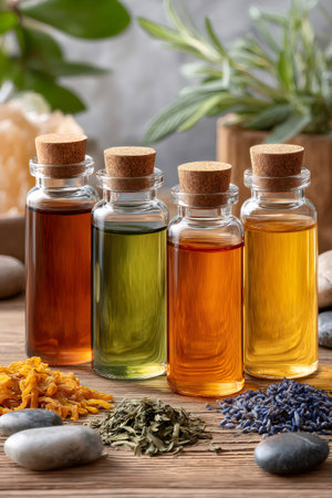Bottles of essential oils and medicinal herbs on a wooden table creating a relaxing spa atmosphereの素材