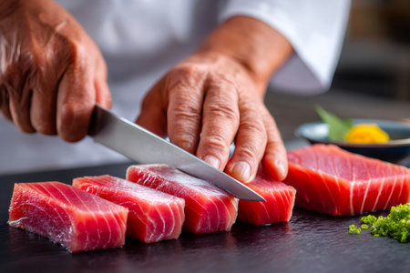 Close up of chef's hands expertly slicing fresh, red tuna into precise portions on a black cutting board, ready for sushi preparationの素材