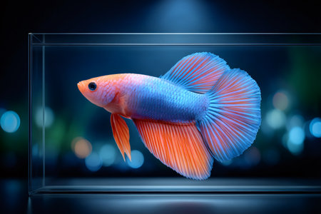Vibrant betta fish with flowing fins gracefully swimming in a minimalist glass aquariumの素材