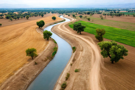Aerial view of an irrigation canal meandering through colorful agricultural fields, creating a picturesque rural landscapeの素材